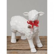 Dekofigur Schaf a. Porzellan m. rot-wei�er Schleife 15cm