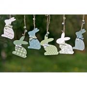 Dekoh�nger Anh�nger Hase aus Holz gr�n - blau 6tlg.