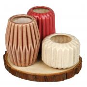 Vasen-Set auf Holzscheibe Keramik bunt