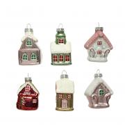 Dekohnger Baumschmuck Huser Glas rot - bunt mit Glitter Set 6