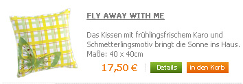 Kissen gelb - gr�n kariert mit Schmetterling 40x40cm